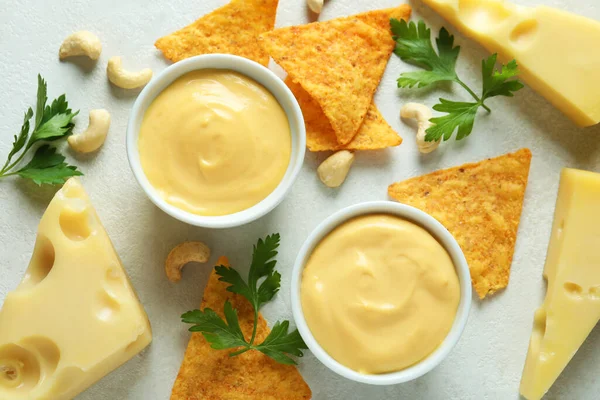 Cheese Sauce Snacks White Textured Table — Stock Photo, Image