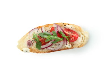 Beyaz arka planda izole edilmiş lezzetli bruschetta atıştırmalıkları.