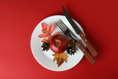 Kırmızı arka plandaki Şükran Günü kompozisyonun kutlu olsun.