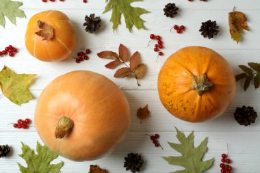 Beyaz ahşap masadaki balkabaklarıyla Şükran Günü kompozisyonu