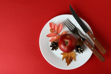 Kırmızı arka plandaki Şükran Günü kompozisyonun kutlu olsun.