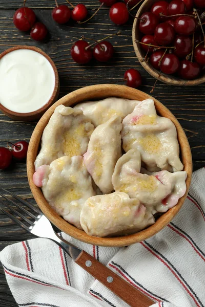 Concept Tasty Food Pierogi Cherry Rustic Wooden Table — Stock Photo, Image