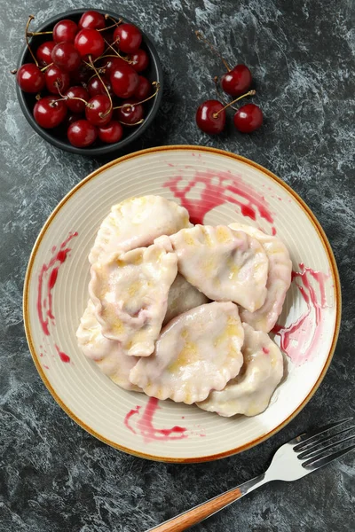 Plate Pierogi Cherry Black Smokey Background — Stock Photo, Image