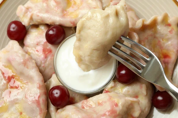 Fork Tasty Pierogi Cherry Close — Stock Photo, Image