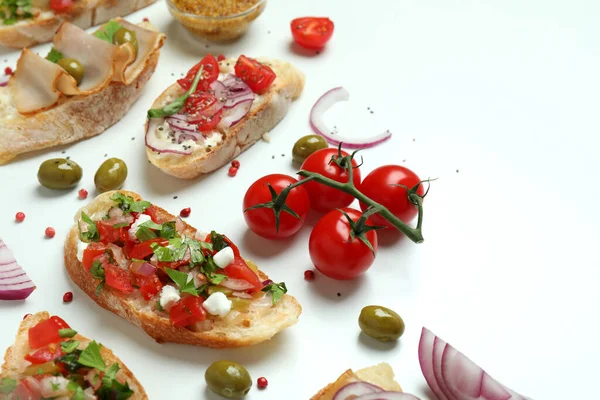Delicious Italian Snacks Bruschetta Ingredients White Background — Stock Photo, Image