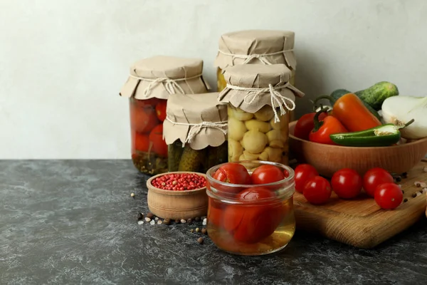 Jars Pickled Vegetables Ingredients Black Smokey Table — Stock Photo, Image