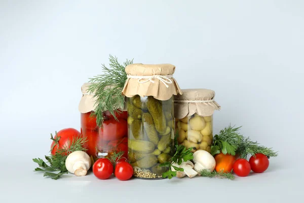 Jars Pickled Vegetables Light Gray Background — Stock Photo, Image