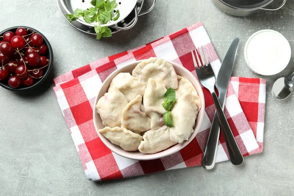 Concept Tasty Food Pierogi Cherry Gray Textured Table — Stock Photo, Image