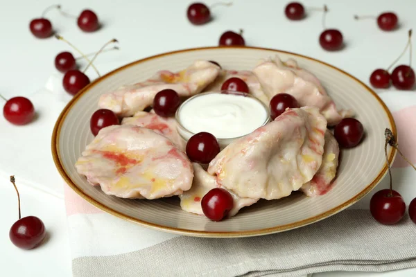 Plate Pierogi Cherry Kitchen Towel White Background — Stock Photo, Image