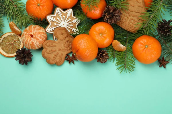 Christmas Concept Mandarins Mint Background — Stock Photo, Image