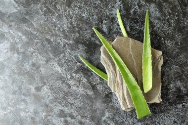 Siyah dumanlı arka planda Aloe vera yaprakları ve taş