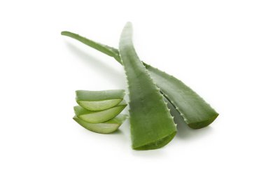 Aloe vera beyaz arkaplanda izole edilmiş olarak dilimler ve bırakır