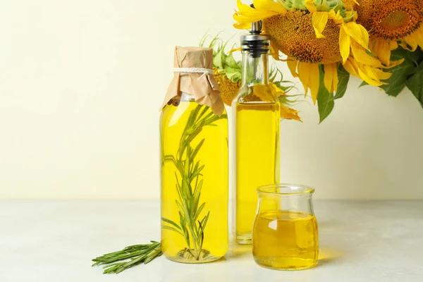 Sunflower Oil Ingredients White Textured Table — Stock Photo, Image