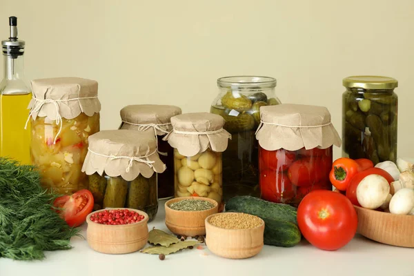 Jars Pickled Vegetables Ingredients White Table — Stock Photo, Image