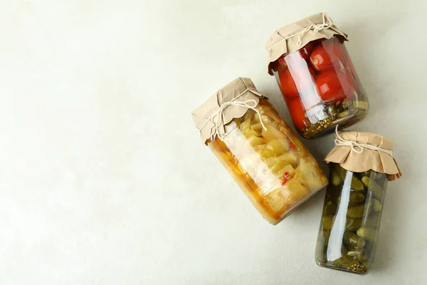 Jars Pickled Vegetables White Textured Background — Stock Photo, Image