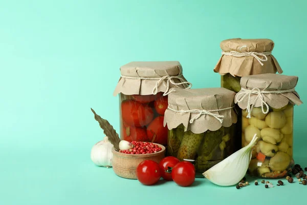 Jars Pickled Vegetables Mint Background — Stock Photo, Image
