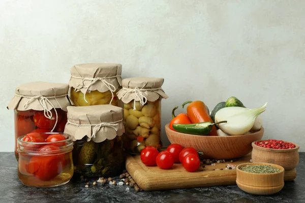 Jars Pickled Vegetables Ingredients Black Smokey Table — Stock Photo, Image