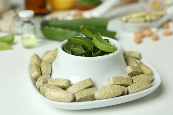 Concept Herb Pills Cosmetics Aloe White Background — Stock Photo, Image