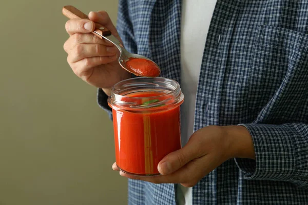 Woman Eat Gazpacho Soup Glass Jar — Stock Photo, Image
