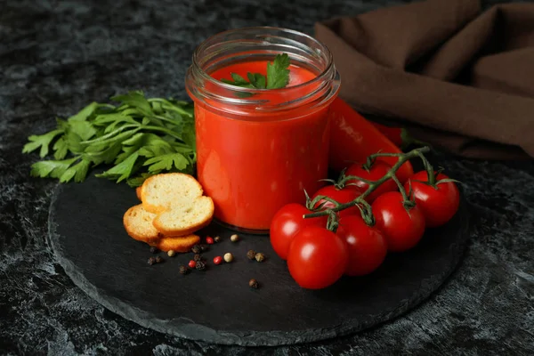 Concept Tasty Eating Gazpacho Soup Black Smokey Background — Stock Photo, Image