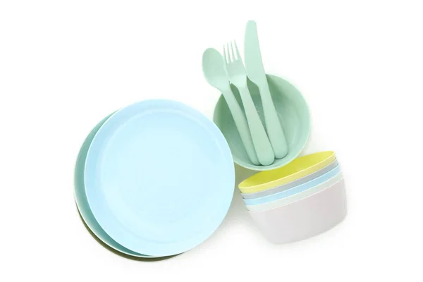 Colorful Plastic Dishware Isolated White Background — Stock Photo, Image