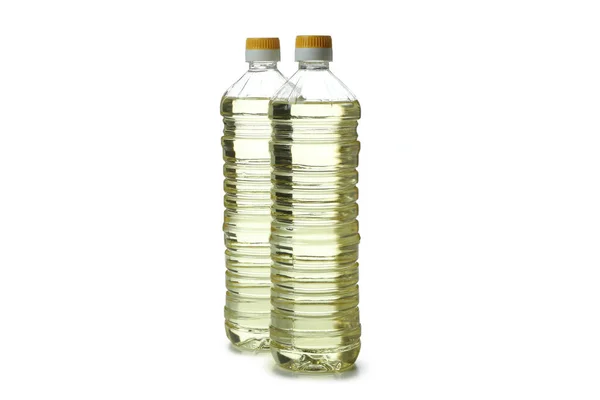 Flessen Zonnebloemolie Geïsoleerd Witte Achtergrond — Stockfoto