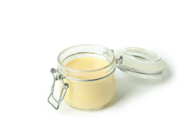 Frasco Vidro Com Iogurte Pêssego Isolado Sobre Fundo Branco — Fotografia de Stock