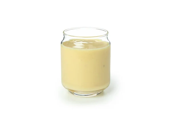 Glazen Pot Met Perzikyoghurt Geïsoleerd Witte Achtergrond — Stockfoto