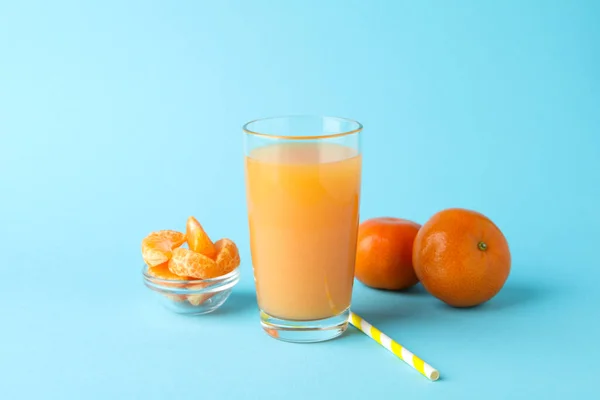 Glass Mandarin Juice Straw Ingredients Blue Background — Stock Photo, Image