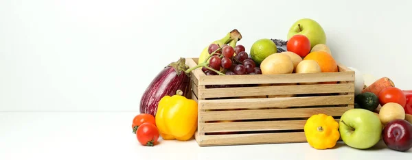 Wooden Box Different Vegetables Fruits White Table — Stock Photo, Image
