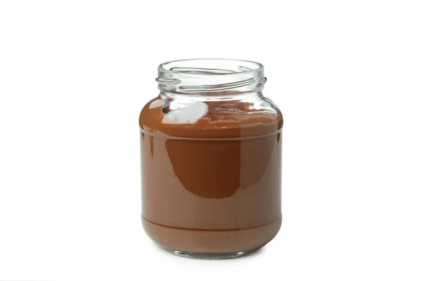 Frasco Com Pasta Chocolate Isolado Fundo Branco — Fotografia de Stock