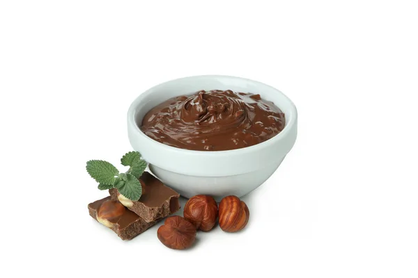 Bowl Chocolate Paste Nuts Isolated White Background — Stock Photo, Image