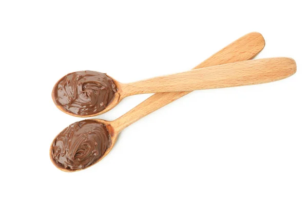 Colheres Com Pasta Chocolate Isolada Fundo Branco — Fotografia de Stock