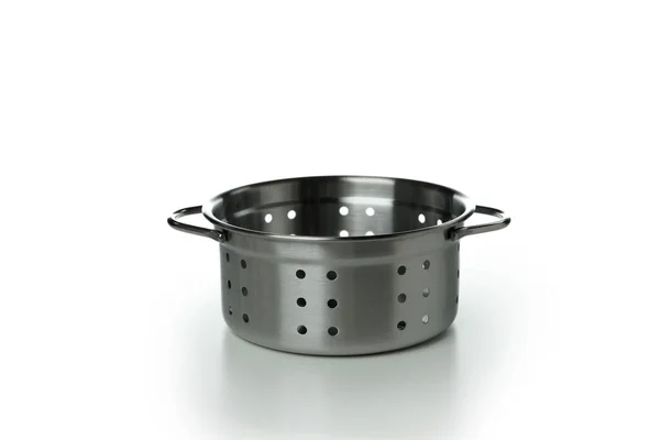 Fém Colander Pot Izolált Fehér Alapon — Stock Fotó