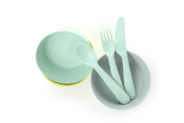 Colorful Plastic Dishware Isolated White Background — Stock Photo, Image