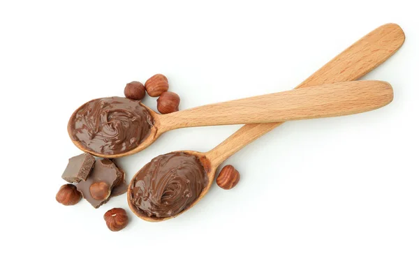 Lžíce Čokoládovou Hmotou Ořechy Izolované Bílém Pozadí — Stock fotografie
