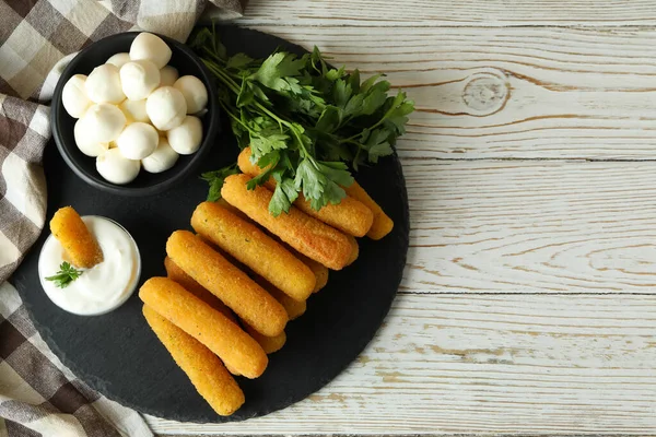 Concept Tasty Food Cheese Sticks White Wooden Table — Stock Photo, Image