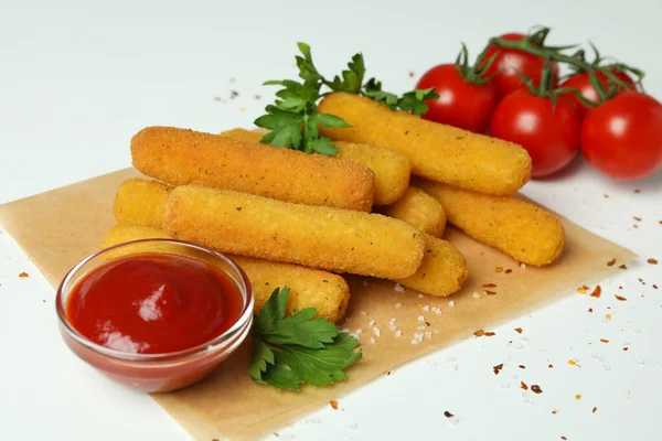 Conceito Comida Saborosa Com Paus Queijo Fundo Branco — Fotografia de Stock