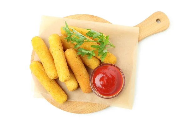 Tablero Con Sabrosos Palitos Queso Aislados Sobre Fondo Blanco — Foto de Stock