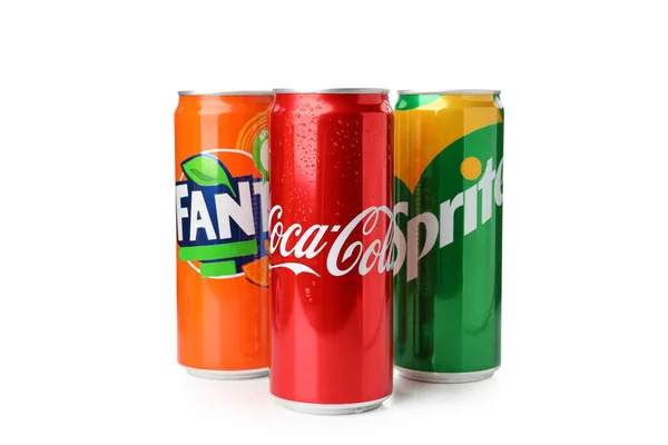 Odessa Ucrânia Setembro 2021 Fanta Sprite Coca Latas Cola Isoladas — Fotografia de Stock