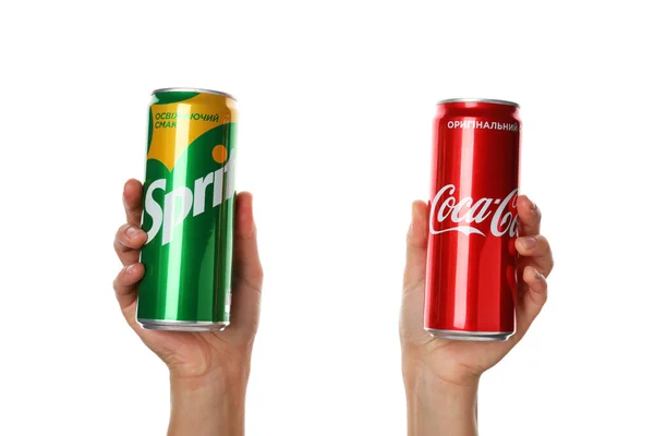 Одесса Украина Сентября 2021 Года Женские Руки Держат Банки Sprite — стоковое фото