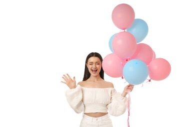 Pembe ve mavi balonlu kadın dalgaları, beyaz üzerine izole edilmiş, PNG