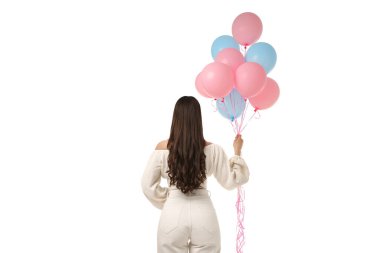 Parlak balonlarla kutlayan bir insan, beyaz renkte izole edilmiş, PNG