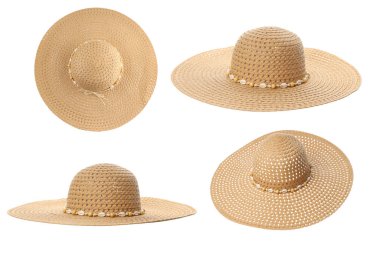 Straw sun hat displayed from various angles, isolated, PNG