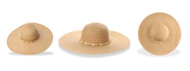Üç geniş kenarlı hasır şapka beyaz, izole edilmiş, PNG