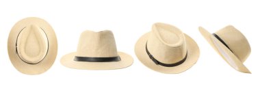 Çeşitli tarzlarda dört eşsiz hasır şapka, izole edilmiş, PNG
