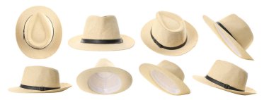 Hasır şapkalar çeşitli stil ve açılarda sergilenir, izole edilmiş, PNG