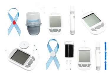 Diabetes testing devices and awareness ribbons shown, isolated, PNG