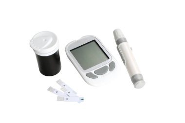 Diabetes tools: meter, lancet, and test strips, isolated, PNG