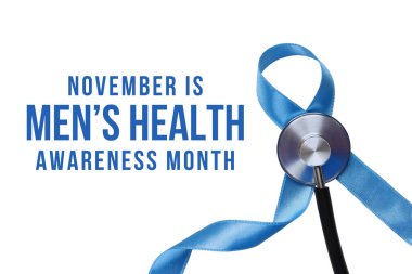 Erkeklerin sağlığı için mavi kurdele ve steteskop, izole edilmiş, PNG